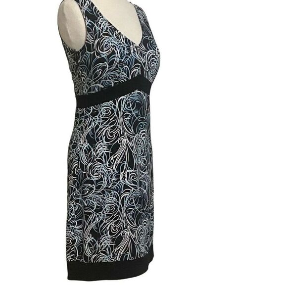 Ann Taylor Loft Sleeveless Dress Sz 2 Black with Teal & White Swirls Side Zipper - Picture 3 of 9